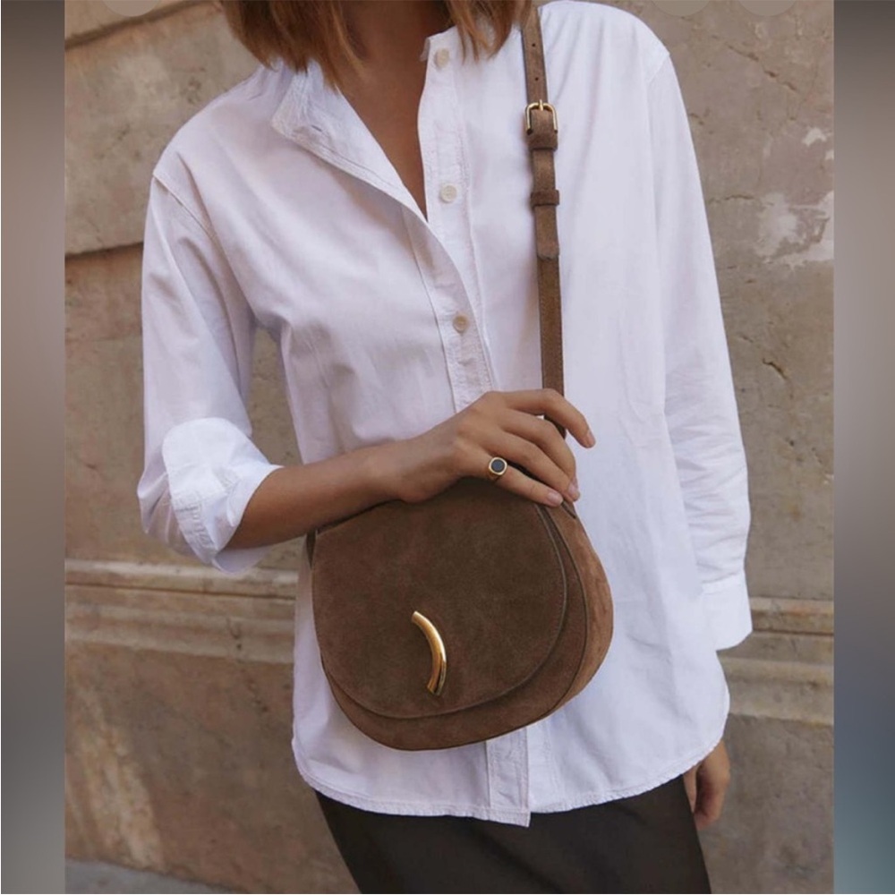 Little Liffner Maccheroni Saddle bag brown suede w gold-tone pasta-shaped clasp